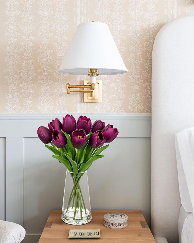 Fake Tulips Artificial Tulip Flowers in Glass Vase with Faux Water, 14.2" Real Touch Purple Tulip Flowers Décor for Table Centerpiece Home Farmhouse Resto Wedding Decoration