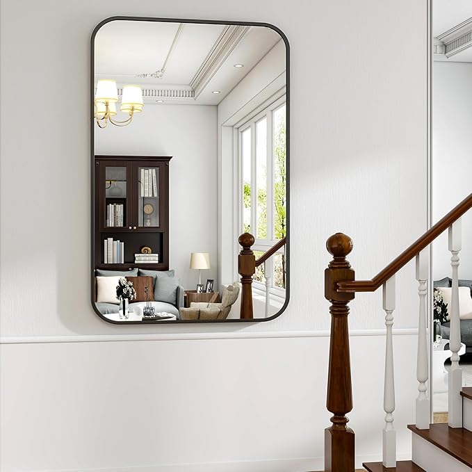 HARRITPURE Rectangular Bathroom Mirror 38''x26'' Black Bathroom Wall Mirror Aluminum Frame Wall-Mounted Mirrors for Entryway Bedroom Living Room