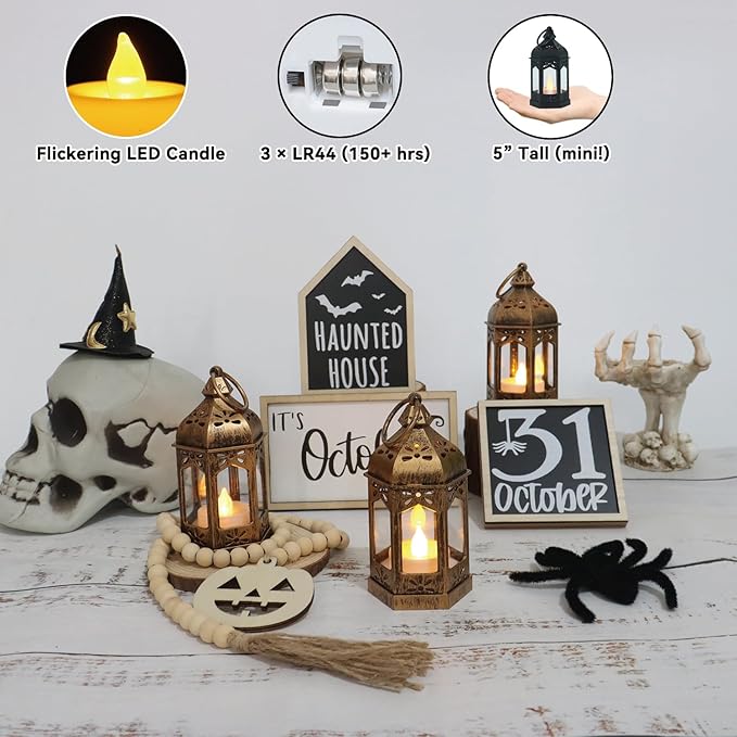 LLQ 8Pcs Mini Lantern with LED Tealight, Vintage Brown Lanterns Decorative, Hanging Candle Lanterns for Ramadan Christmas Wedding Table Centerpiece Indian Diwali Decor, Garden Fairy Party Decorations