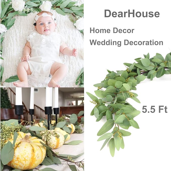 DearHouse 5.5ft Seeded Eucalyptus Garland, Artificial Vines Faux Eucalyptus Leaves Table Garland Artificial Greenery Wedding Backdrop Arch Wall Decor