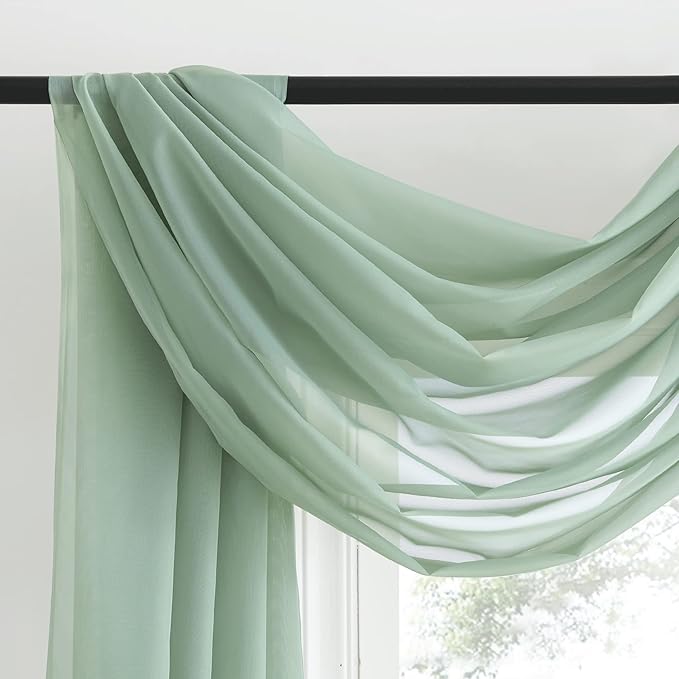 NICETOWN Voile Sheer Scarf Valances for Windows, 216" Extra Long Window Dressings for Anniversary/Wedding Design, Sage Green, 60" Wide, 2 Pieces