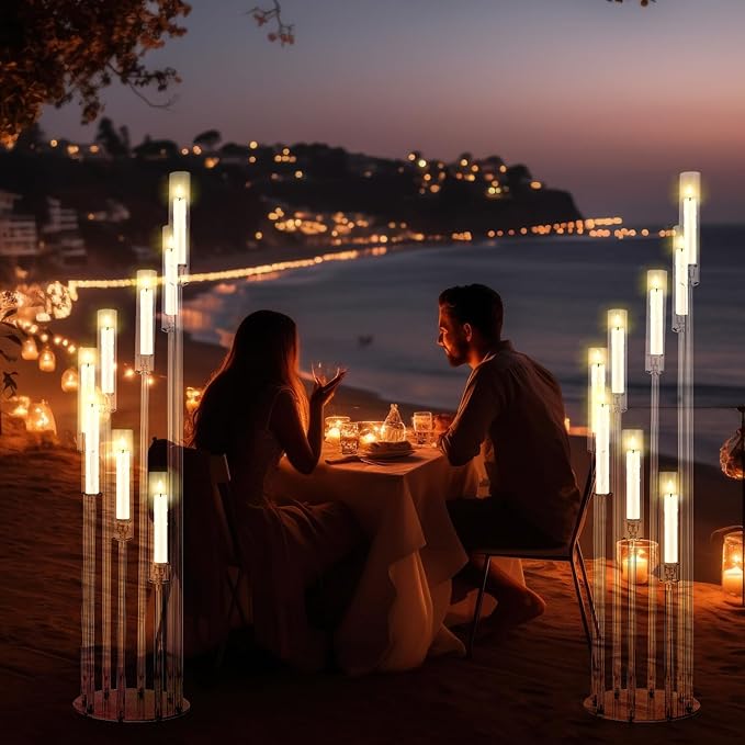 Vesici 2 Pcs 8 Arm Acrylic Candelabra Centerpieces for Tables 49.6 x 11 Inch Candlesticks Holder Clear Acrylic Candle Holder for Wedding Ceremony Floor Home Dinner Party, Fit 0.8" LED Candle