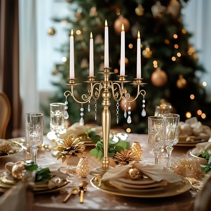 Sziqiq Gold Candelabra Candle Holder: 5 Arm Candelabras Centerpiece Table Decorations for Wedding - Vintage Metal Candlestick Candleholders for Dining Table Fireplace