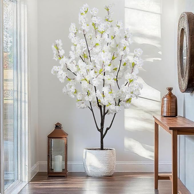 Indoor Cherry Blossoms Tree White Artificial Cherry Blossom Tree 6FT Faux Bedroom Trees for Home Decor