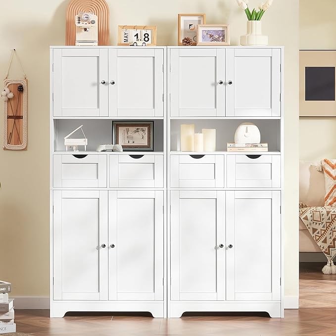Iwell Tall Storage Cabinet with Adjustable Shelf & 2 Drawers, Kitchen Pantry Cabinet, Pantry Cabinets with 4 Doors, Tall Cabinets for Living Room, Kitchen, Bathroom, White