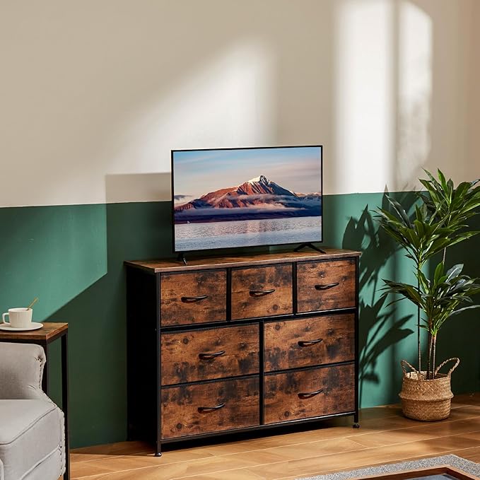 OLIXIS 7 Drawers Dresser for Bedroom, Fabric Storage Tower for Living Room, Entryway - Sturdy Steel Frame, Wooden Top & Easy Pull Fabric Bins, Closet Chests Organizer for Clothes, Classic Rust Brown