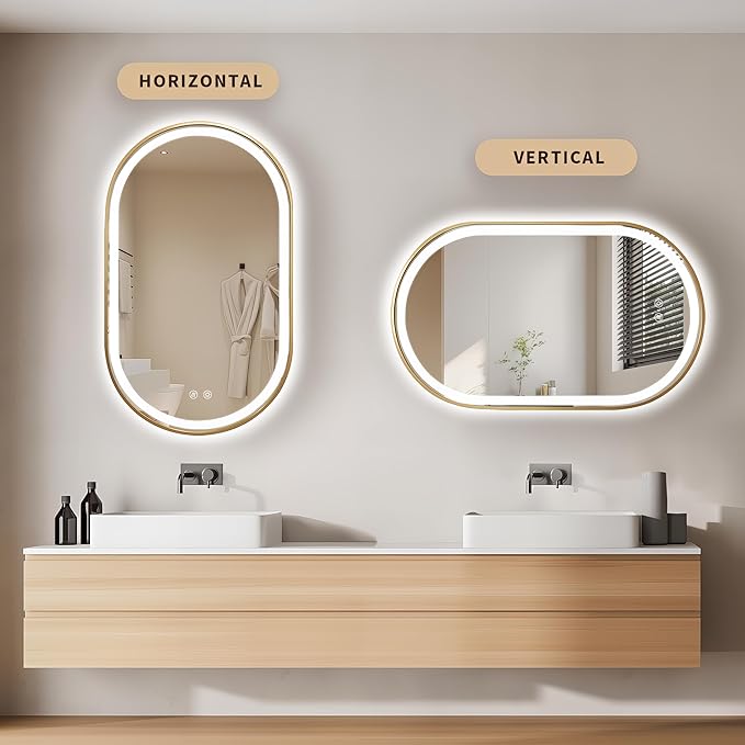 Niccy Oval LED Mirror for Bathroom, 40x24 Front Lit + Backlit Vanity Mirrors with Light Anti-Fog, Shatter-Proof, 3 Colors, Makeup Mirror with Gold Frame (Horizontal/Vertical)