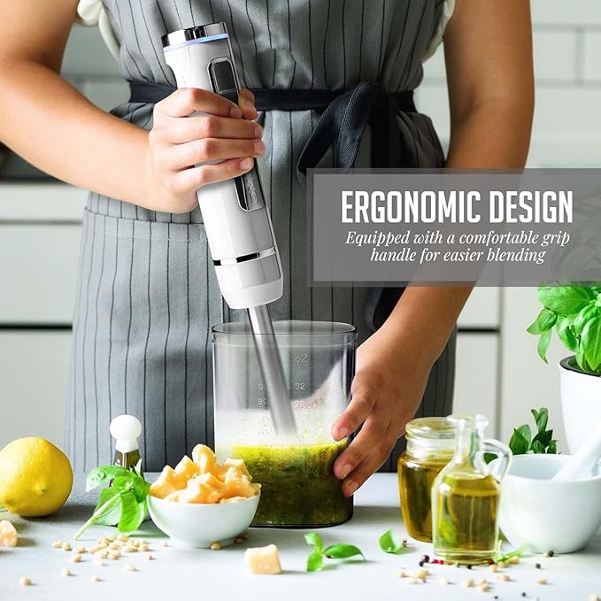 OVENTE Cordless Immersion Hand Blender, Rechargeable Handheld Portable Stick Mixer with 8 Mixing Speed Option, One-Touch Control and Stainless Steel Blades for Smoothies, Shakes or Soups, White HR781W