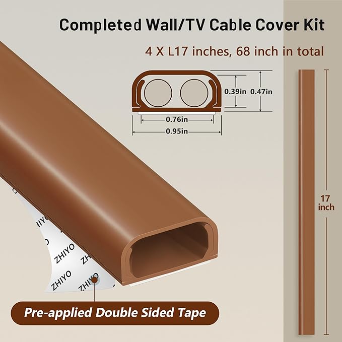 ZhiYo Cable Hider Raceway Kit, 68in (4X L17in) Wire Hiders for TV on Wall, Paintable Cord Cover Channel, Cord Hider for Wall Mounted TV in Home Office, 0.95in (W) x 0.47in (H), Brown