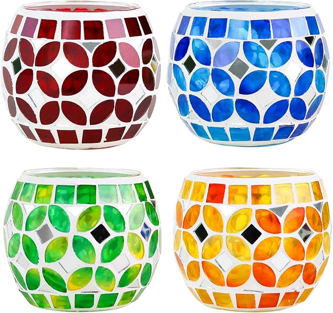 SHMILMH Mosaic Candle Holders Set of 4, Handmade Glass Tealight Votive Holders, Vibrant Red Yellow Blue Green for Diwali Christmas Wedding Party Decor, Year-Round Festive Centerpiece