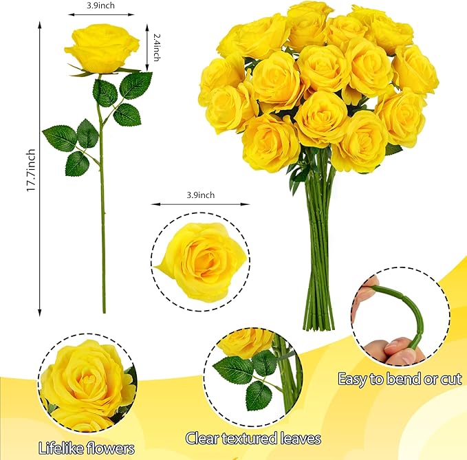 Ouddy Decor 20 Pcs Fake Yellow Roses Artificial Silk Flowers with Long Stems for Valentines Day Decor Wedding Home Party Table Centerpieces Bridal Bouquet DIY Floral Arrangment