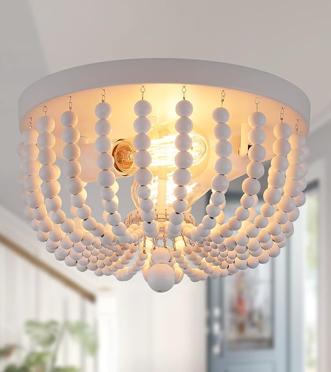Q&S White Flush Mount Ceiling Light Fixtures,2-Lights Wood Beaded Boho Chandeliers for Nursery Baby Bedroom Dining Room Living Room Kitchen Hallway W11.81