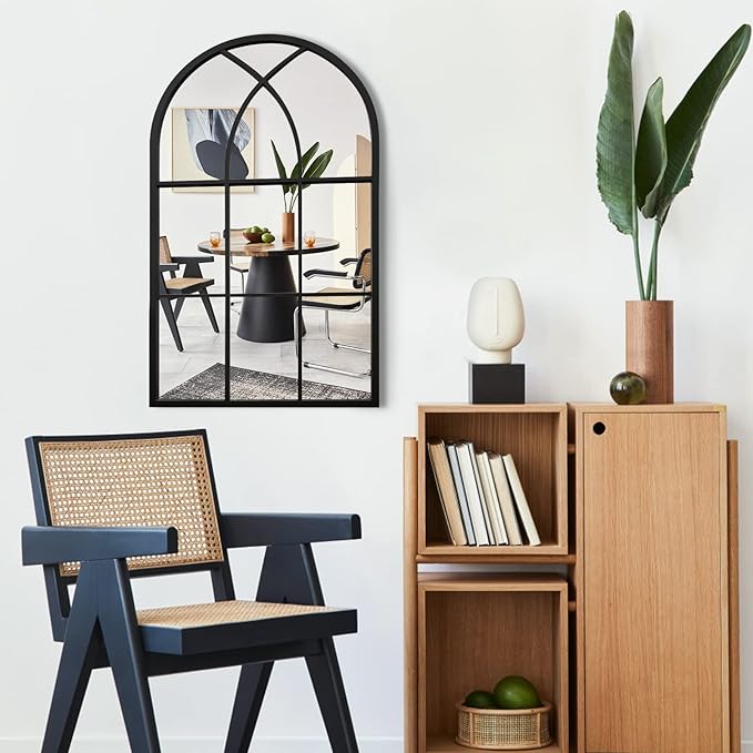 ironsmithn Arched Window Mirror, 31.5"x19.7" Grid Mirrors, Windowpane Mirrors, Black Metal Wall Mirror for Decor Living Room Fireplace Entryway Bedroom Hallway