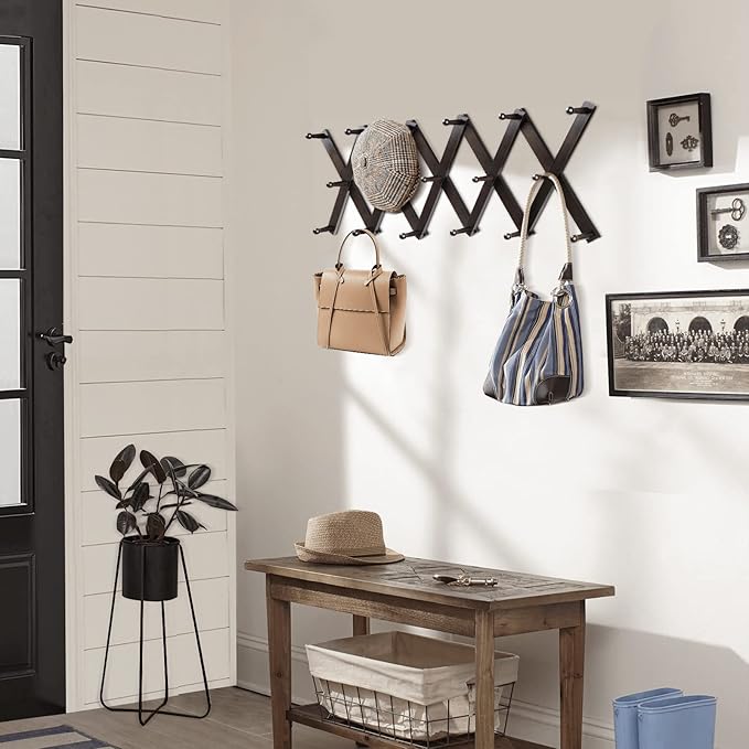 Homode Accordion Wall Hanger, Hat Hangers Wall Mounted, Wood Accordian Coat Rack with 17 Hooks, Expandable Peg Rack Wall Organizer for Hanging Baseball Caps, Hats, Purse, Coffee Cup, Bag, Walnut