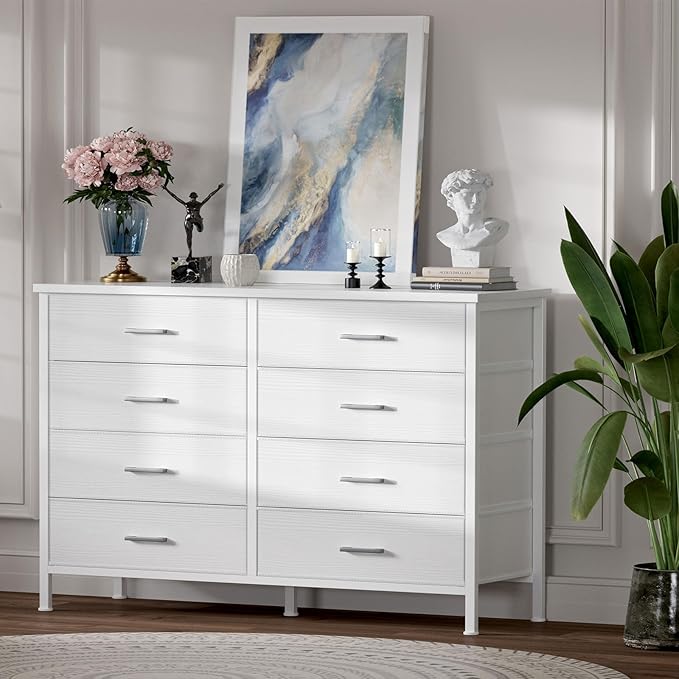 BOLUO White Dresser for Bedroom 8 Drawer,Wide Dresser TV Stand for 50" TV Dressers & Chests of Drawers Fabric Dresser for Closet Modern