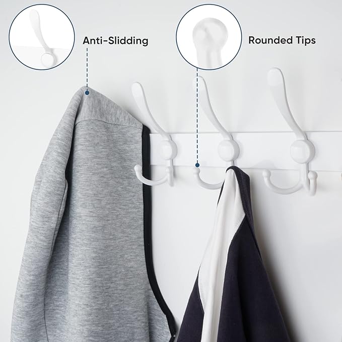 TICONN Wall Mounted Coat Rack, Five Heavy Duty Tri Hooks All Metal Construction for Jacket Coat Hat in Mudroom Entryway (White, 2-Pack)
