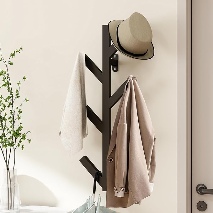Vlush Wall Mounted Metal Coat Rack with 6 Hooks Modern Minimalist clothes rack, Upright Coat Rack for Hanging Clothes, Hats, Hanging Bags and Scarves Entrance Wall Iron Coat Racks (Black)
