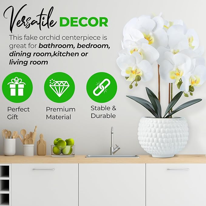 Large Artificial Orchids with Ceramic Pot, Faux Orchids for Living Room, Bathroom, Kitchen, Home, Hotel Indoor Decor (17'' White)