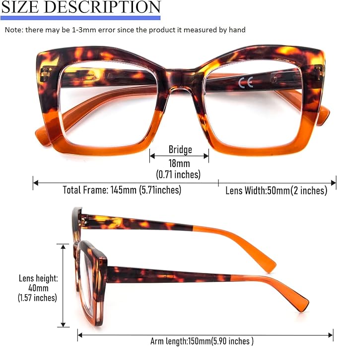 REAVEE Oversized Square Reading Glasses Oprah Style for Women, Blue Light Blocking Large Frame Computer Readers Spring Hinge