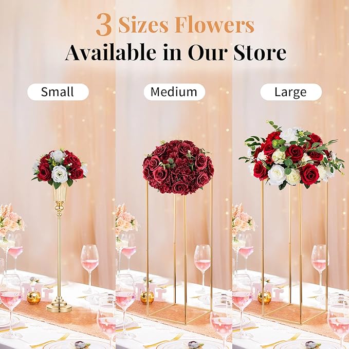 NUPTIO Artificial Flower Centrepieces for Tables - 10 Pcs Crimson & White Fake Flowers Roses Balls 9.5in Diameter - Silk Faux Rose Arrangement for Wedding Party Centerpiece Table Decorations