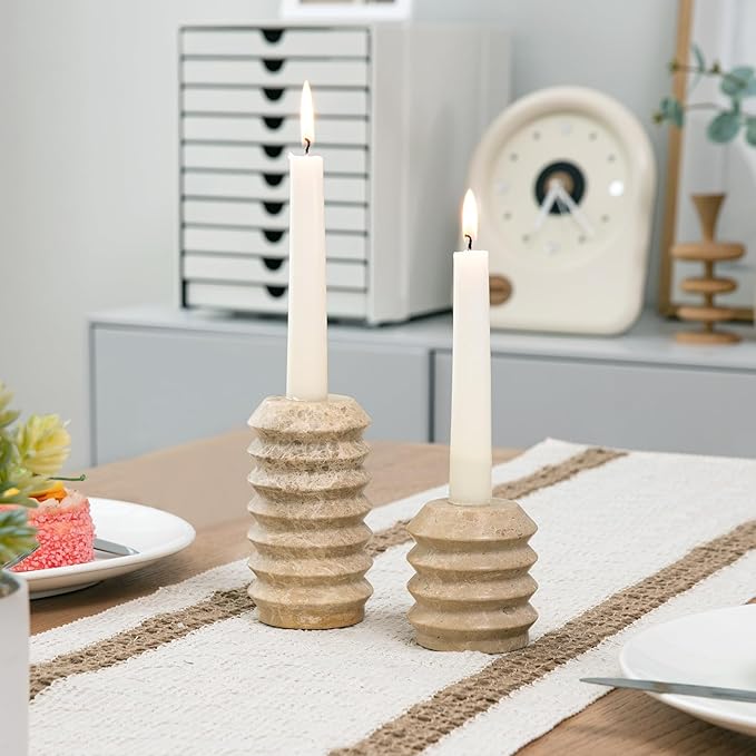WORHE Candle Holders Italy True Natural Travertine Stone 0.4" Thick Set of 2 Marble Candlestick Holder for Christmas Wedding Dinning Party Candlestick Stand for 3/4 inch Candles Light Brown (WH034)