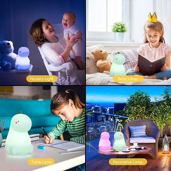 VSATEN Dinosaur Night Light for Kids, Cute Color Changing Silicone Baby Night Light with Touch Sensor, Portable Rechargeable LED Bedside Nursery Lamp for Toddler's Room, Gifts for Boys Girls, Green
