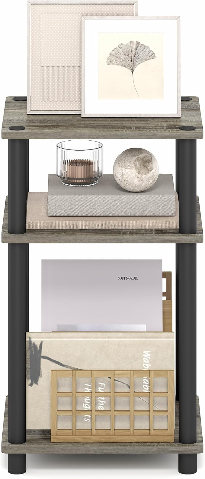 Furinno Just 3-Tier Turn-N-Tube End Table / Side Table / Night Stand / Bedside Table with Plastic Poles, 2-Pack, French Oak Grey/Black