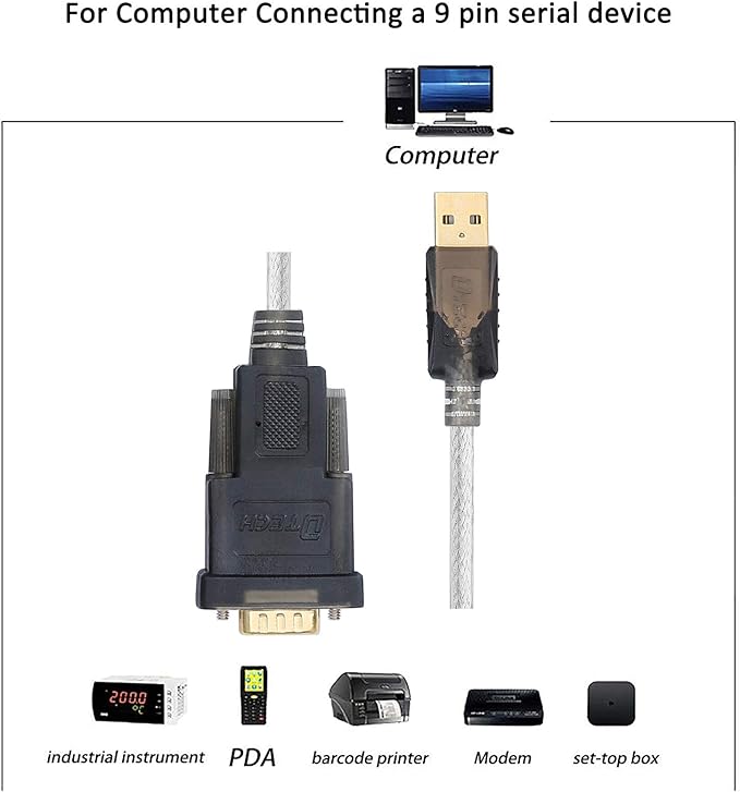 DTECH Serial Cable to USB Adapter DB9 Male RS232 Port Supports Windows 11 10 8 7 Mac (6 Feet, PL2303)