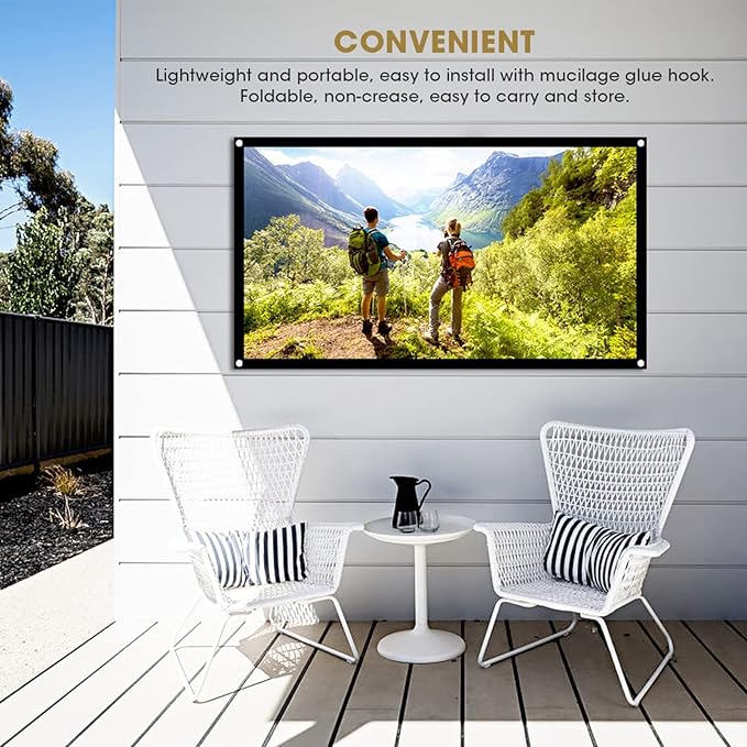 Projection Screen Indoor Outdoor Projector Curtain, 16:9 Thicken Portable White Projector Curtain Screen 40 to 120 inches Polyester Projection Screen Anti Crease