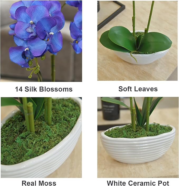Large Artificial Potted Orchid Plant, Silk Flower Arrangement with Ceramics Vase, Purple Blue