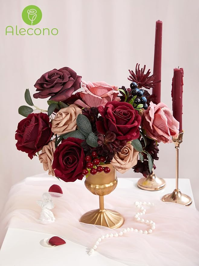 Alecono Artificial Flowers, Burgundy Silk Fake Flowers for DIY Wedding Bridal Bouquets, Red Cake Flowers for Wedding Table Centerpieces Birthday Party Home Decorations