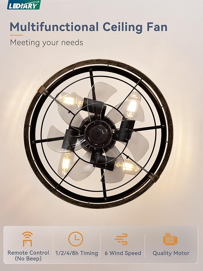 LEDIARY 16.5 Inch Caged Ceiling Fan with Light, Fandelier Farmhouse Ceiling Fan with Remote, Small Bladeless Fan Lights Ceiling Fixtures for Kitchen, Bedroom, Outdoor-Black and Gold