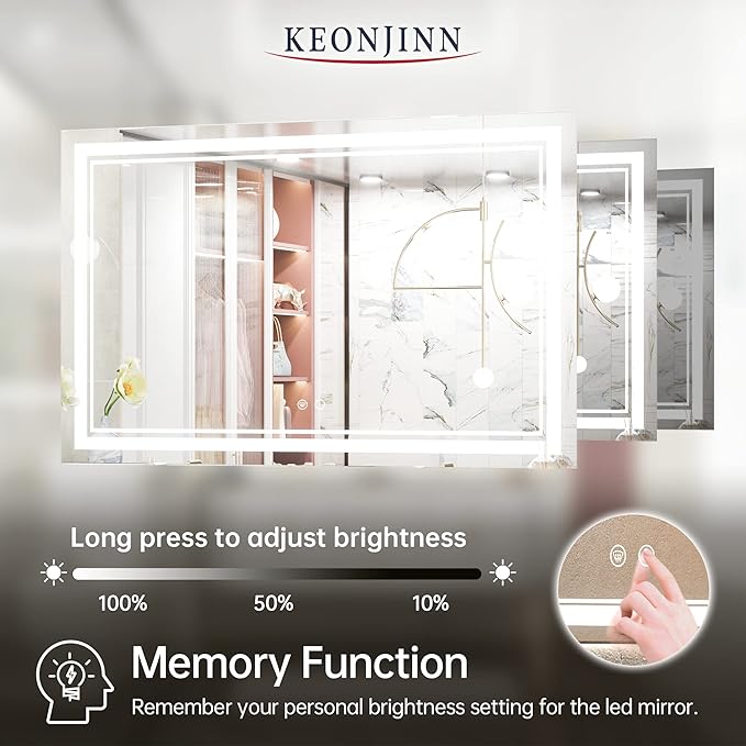 Keonjinn 48 x 30 Bathroom LED Mirror, Front Lighted Bathroom Vanity Mirror, Shatter-Proof Tempered Glass, UL-Listed LED Driver, Fog Free, Dimmale 6000K, Easy to Install(Horizontal/Vertical)