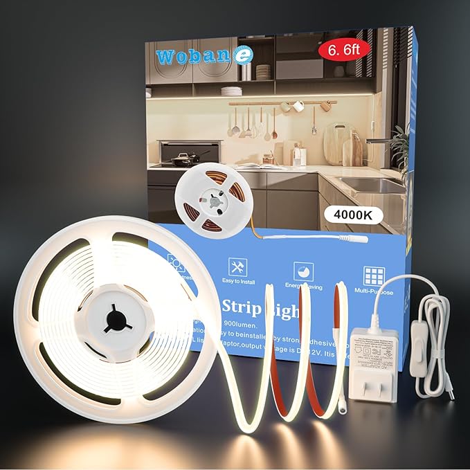 WOBANE Under Cabinet Lighting,Flexible COB LED Strip Light,Under Counter Lights for Kitchen,Mirror, Ceiling,Room,TV,Shelf,Closet,ETL Listed,6.6ft,640LEDs,4000K Natural White,900lm