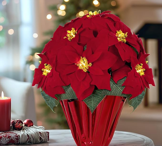 2 Pack 18" Lighted Large Artificial Poinsettias for Outdoors LED Poinsettia Flowers Artificial Faux Poinsettia Plants Poinsettia Christmas Decorations for Office Home Kitchen Decor (Red Paper)