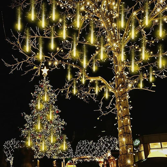 Kwaiffeo Warm White Icicle Lights Outdoor, 16-Tube Meteor Shower Lights for Christmas Thanksgiving New Year Party Yard Wedding Decor, Equivalent to 2 Sets of 8-Tubes