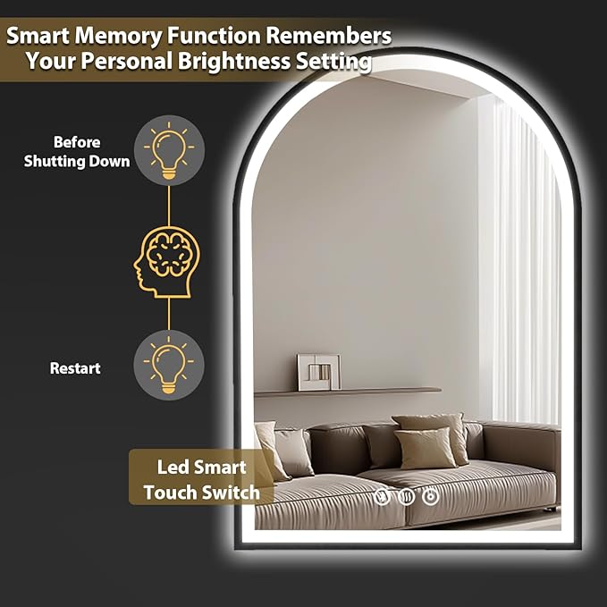 24x36 Inch Led Mirrors for Bathroom, Arch Vanity Mirror with Lights, Wall-Mounted Mirror with Bluetooth Speaker, Anti-Fog, Memory Function, 3 Color Temperature, Dimmable