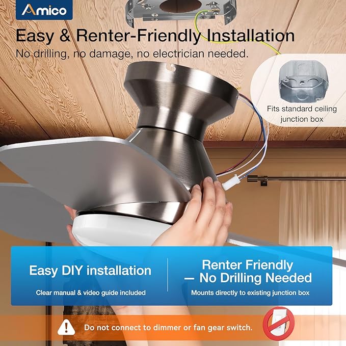 Amico Ceiling Fans with Lights, 42 inch Low Profile Ceiling Fan with Light and Remote Control, Flush Mount, Reversible, 3CCT, Dimmable, Noiseless, Nickel Ceiling Fan for Bedroom, Indoor/Outdoor Use