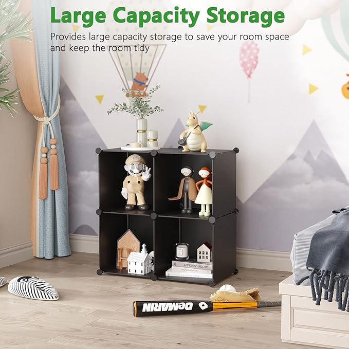 C&AHOME Cube Storage Organizer, 4-Cube Shelves Units, Closet Cabinet, DIY Plastic Modular Book Shelf, Ideal for Bedroom, Living Room, Office, 24.8" L x 12.4" W x 24.8" H Black SHS04A