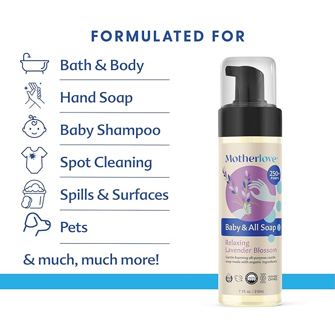 Motherlove Baby & All Soap (7.1 oz) Gentle Foaming All-Purpose Castile Soap Made with Organic Ingredients – Relaxing Lavendar Blossom