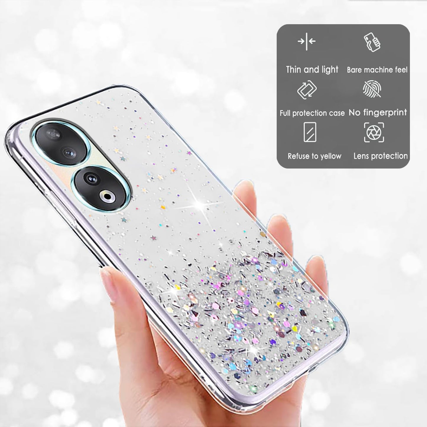 Honor 90 Case - Glitter Clear Pink, Soft TPU Silicone, Shockproof Protective Slim Cover for Women & Girls.