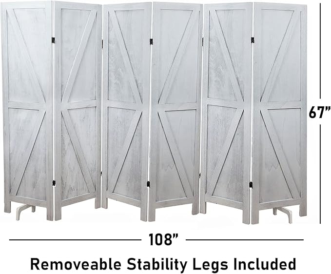Premium Home 6-Panel Room Divider – Rustic White Barn Door, K Pattern Folding Privacy Screen, Partition Wall