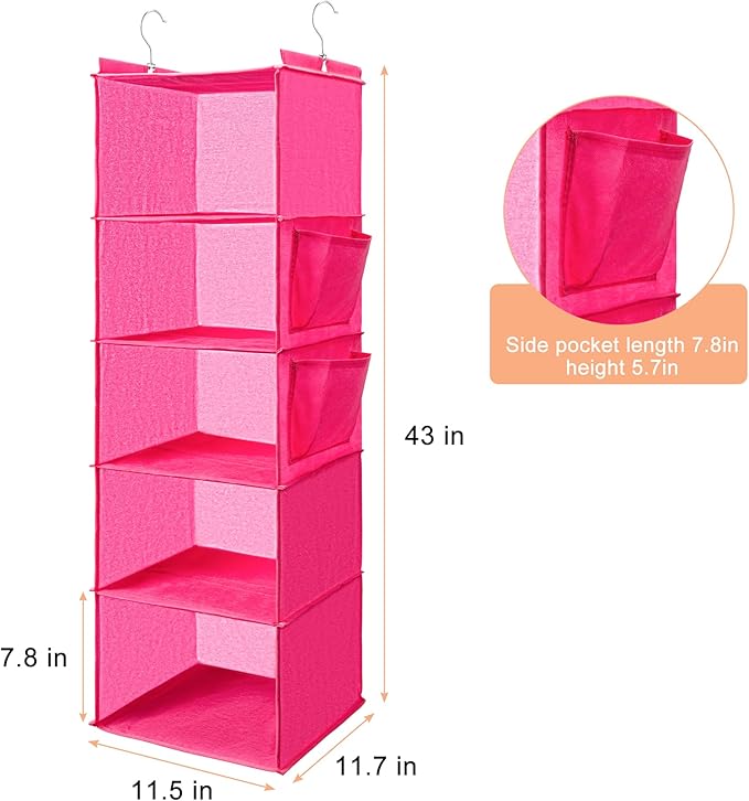 BOOMIBOO Hanging Closet Organize and Shelves，5-Hanging Shelf with 2 Side Pockets，Storage Foldable （Pink）