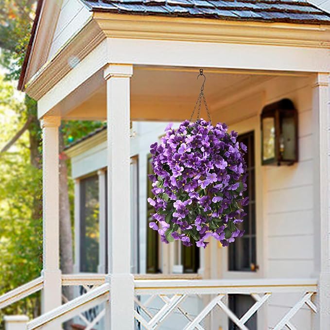 Artificial Fake Hanging Flowers Plants with Basket for Summer Outdoor Decoration,Faux Silk Begonia in Planter UV Resistant Look Real for Home Porch Yard Patio Balcony Decor