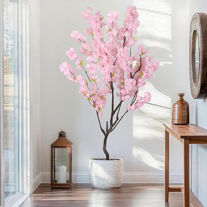 7.2ft Artificial Cherry Blossom Tree for Indoor Decor,Nearly Nature Pink Silk Flowers Fake Tree Tall,Realistic Faux Cherry Plant Wishing Tree Outdoor Front Door Handmade for Office Living Room Decor