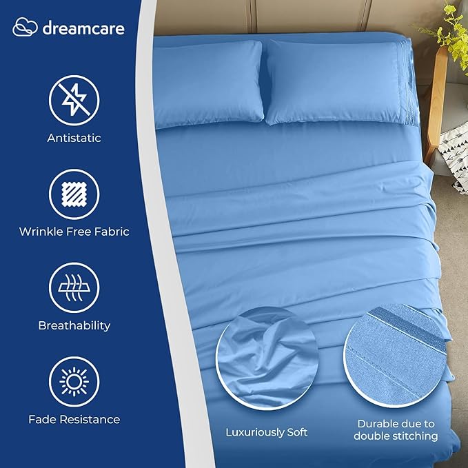 DREAMCARE Full Size Sheets – 4 pc – up to 21” Deep Full Sheet Set – Hotel Luxury Sheets & Pillowcases – Superior Softness 100% Fine Microfiber with Side Pocket – Light Blue