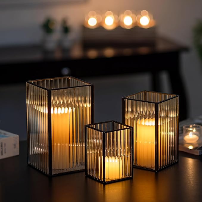 Glasseam Glass Hurricane Candle Holder: Square Black Candle Holders Set of 3 Metal Ribbed Pillar Candle Holder for Table Centerpiece Modern Small Lanterns Decorative Indoor Christmas Halloween Decor