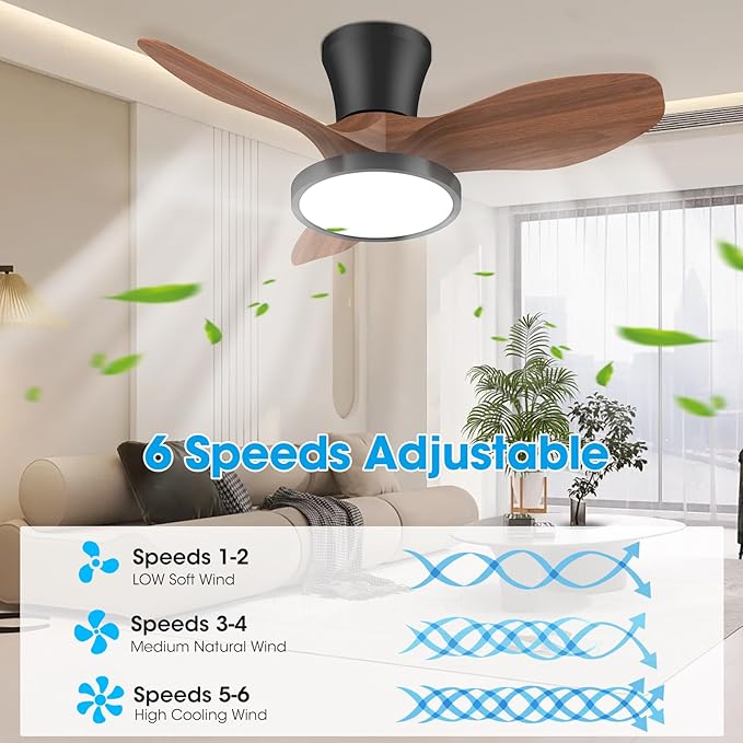 ocioc Quiet Ceiling Fan with LED Light DC motor 32 inch Large Air Volume Remote Control Walnut for Kitchen Bedroom Dining room Patio