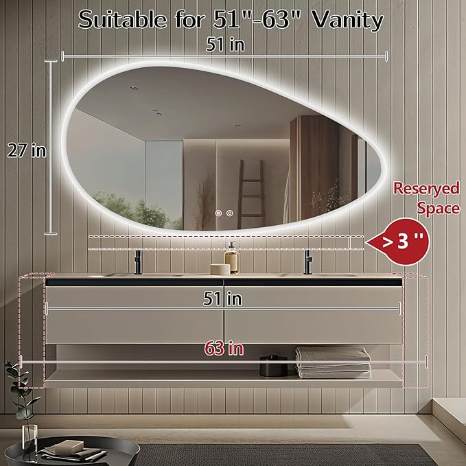 Niccy Irregular LED Bathroom Mirror with Lights, 27x51 Asymmetrical Backlit-Mirror for Wall Mounted, Bathroom Vanity Mirrors with Memory, Dimmable, 3 Colors, Anti-Fog, IP65 Waterproof