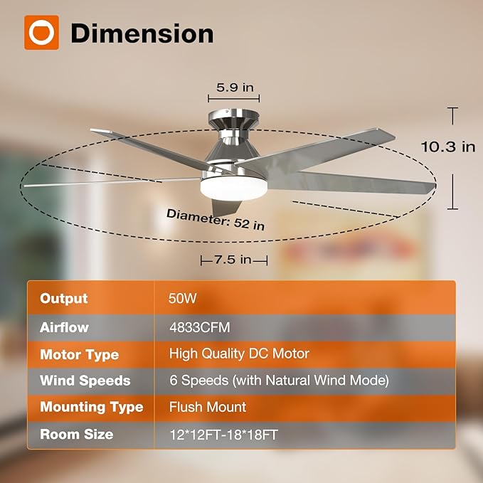 addlon Ceiling Fans with Lights, 52 inch Low Profile Ceiling Fan with Light and Remote Control, Flush Mount, Reversible, 3CCT, Dimmable, Noiseless, Nickel Ceiling Fan for Bedroom, Indoor/Outdoor Use